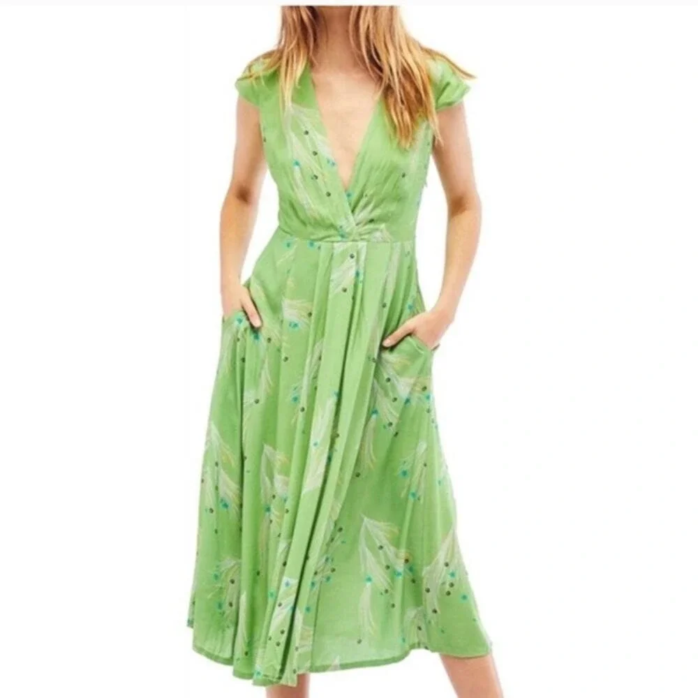 Free People Women's Green Print Retro Midi Dress Size 0